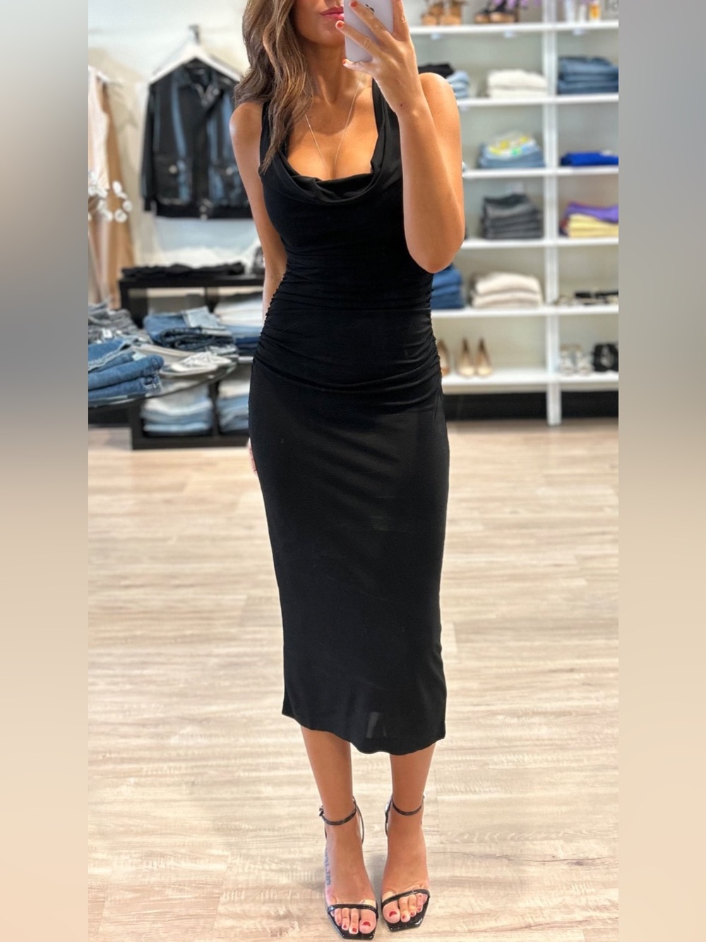 Amanda Uprichard Black Sleeveless Cowl Midi Dress